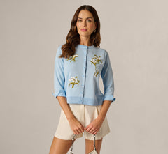 Three Quarter Sleeve Floral Embroidery Cardigan Sweater In Light Sky