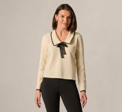 Waffle Weave Bow Collar Pullover Sweater In Cream Black