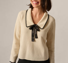 Waffle Weave Bow Collar Pullover Sweater In Cream Black