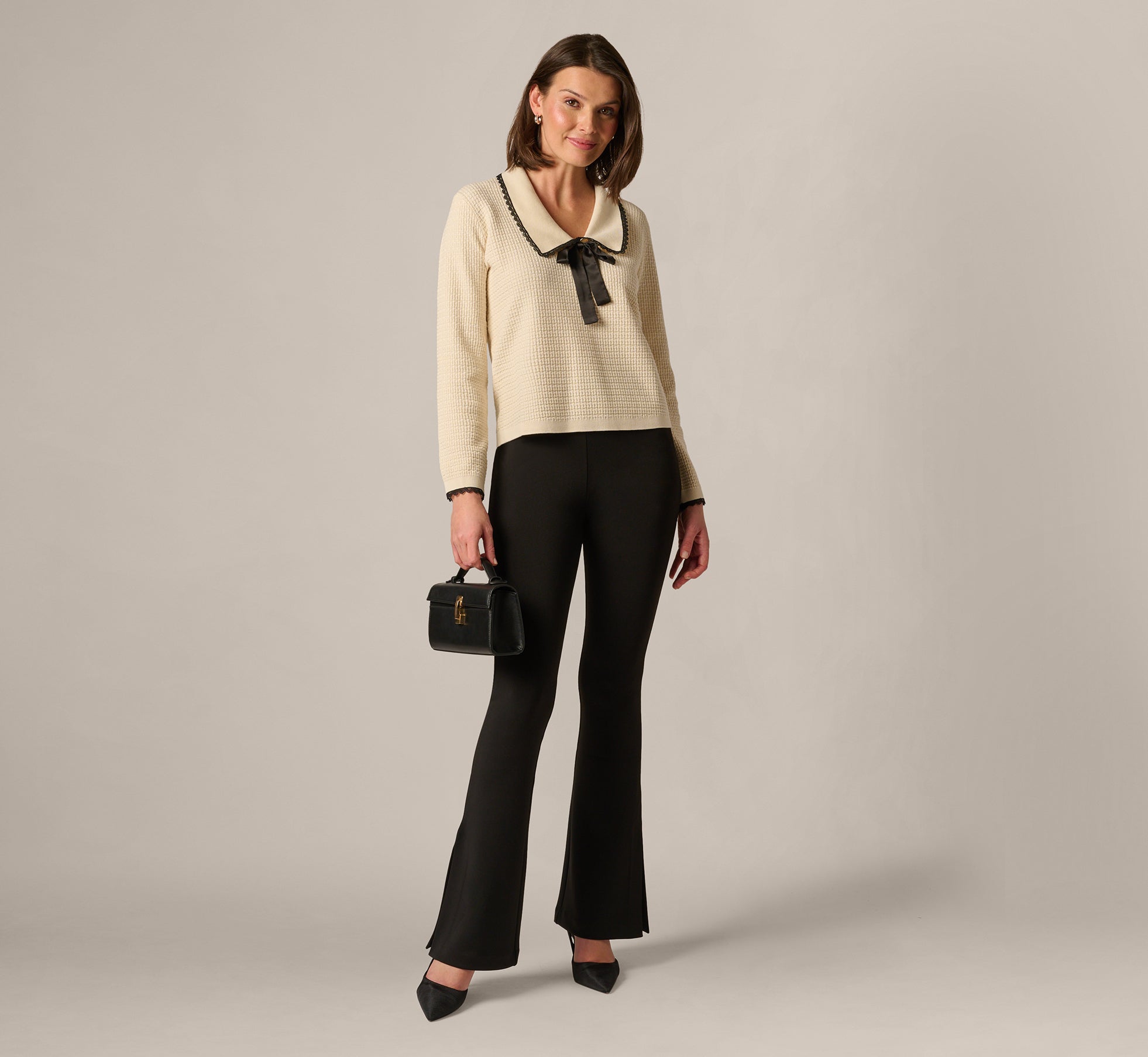 Waffle Weave Bow Collar Pullover Sweater In Cream Black