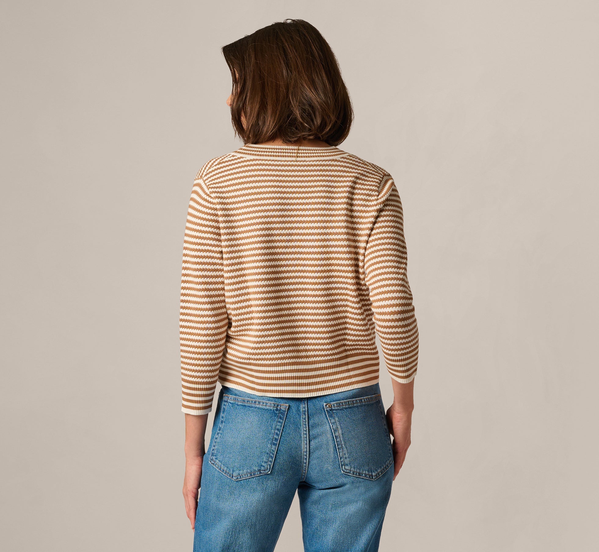 V Neck Button Front Cardigan Sweater In Ivory Camel