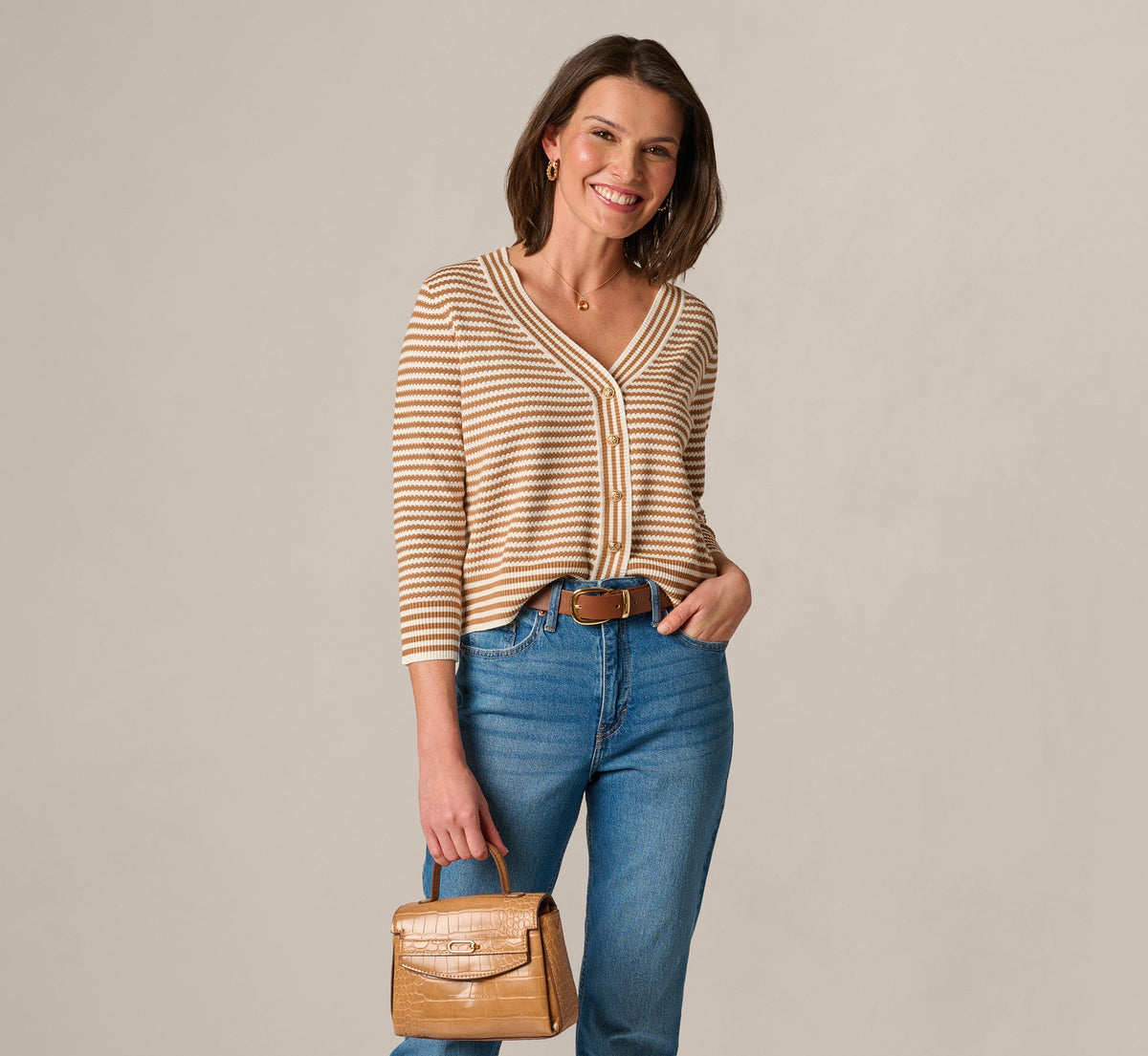 V Neck Button Front Cardigan Sweater In Ivory Camel