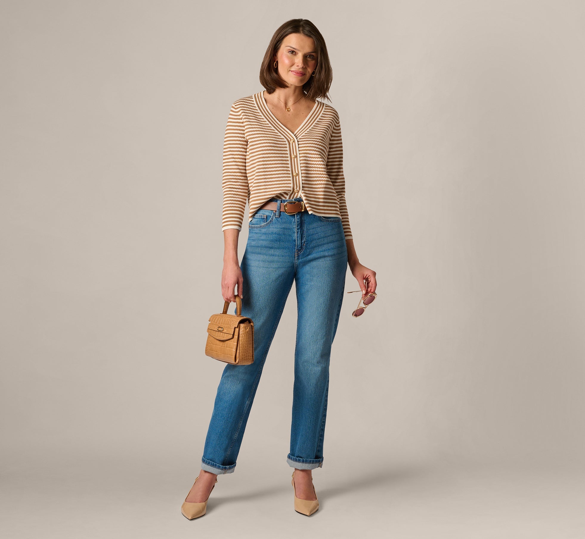 V Neck Button Front Cardigan Sweater In Ivory Camel