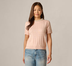 Short Sleeve Beaded Collar Pullover Sweater In Pink Whisper