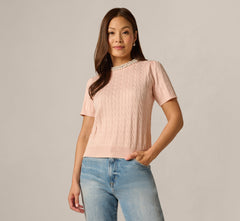 Short Sleeve Beaded Collar Pullover Sweater In Pink Whisper