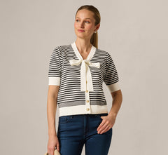 Short Sleeve Tie Neck Cardigan In Ivory Black