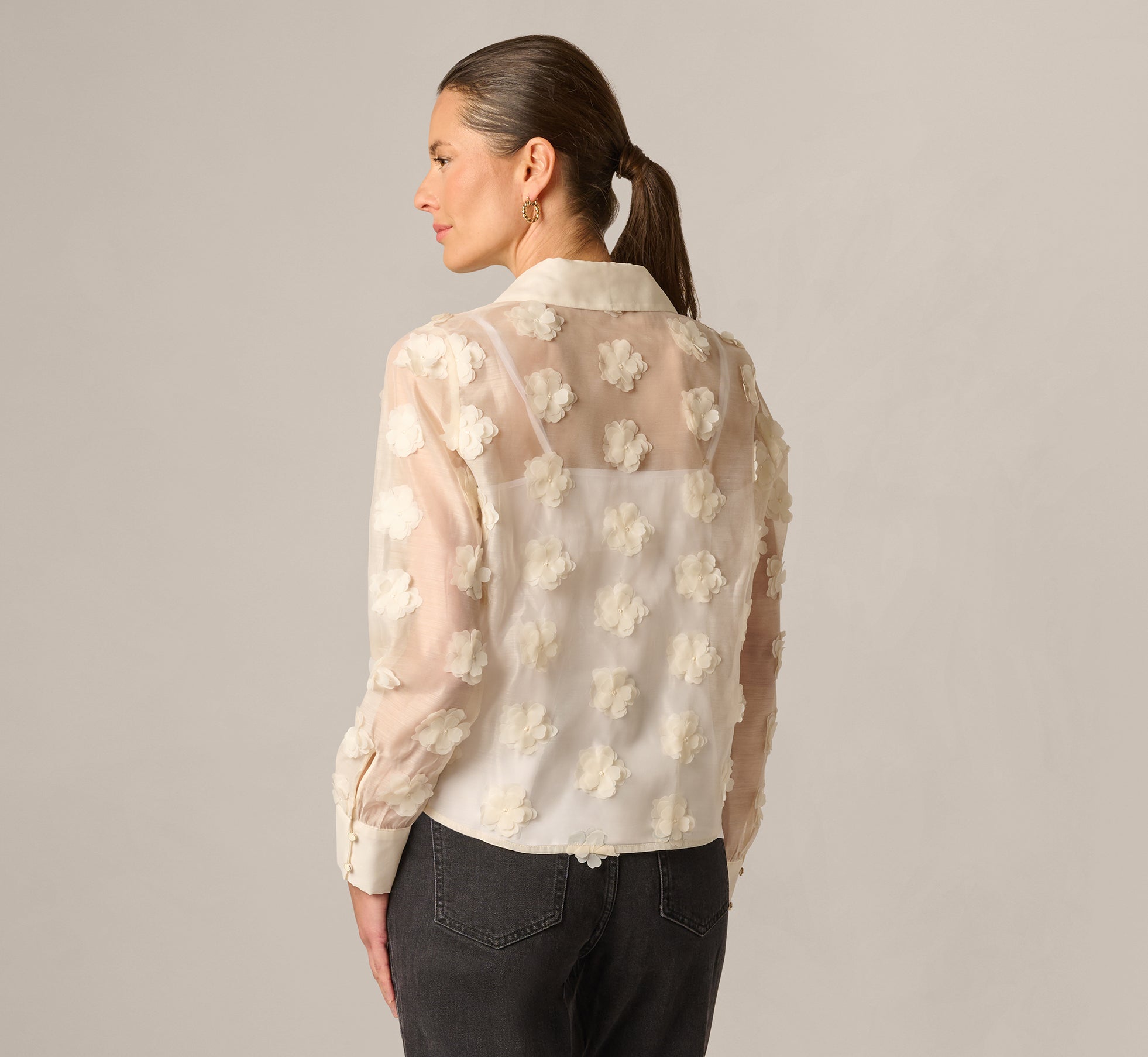 Long Sleeve Sheer 3D Floral Petal Blouse In Cream Frosting