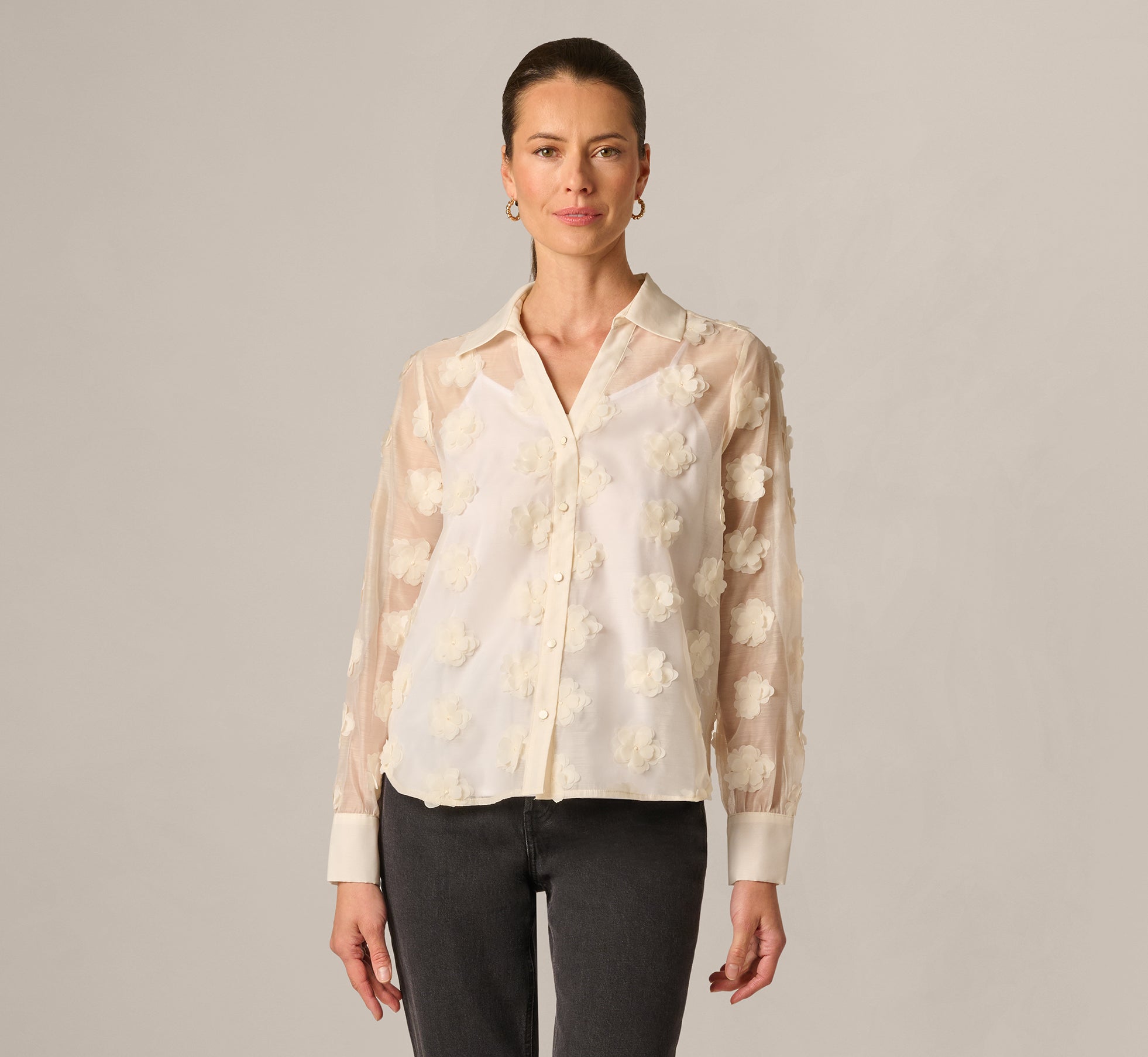 Long Sleeve Sheer 3D Floral Petal Blouse In Cream Frosting