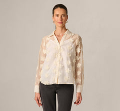 Long Sleeve Sheer 3D Floral Petal Blouse In Cream Frosting