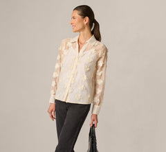 Long Sleeve Sheer 3D Floral Petal Blouse In Cream Frosting