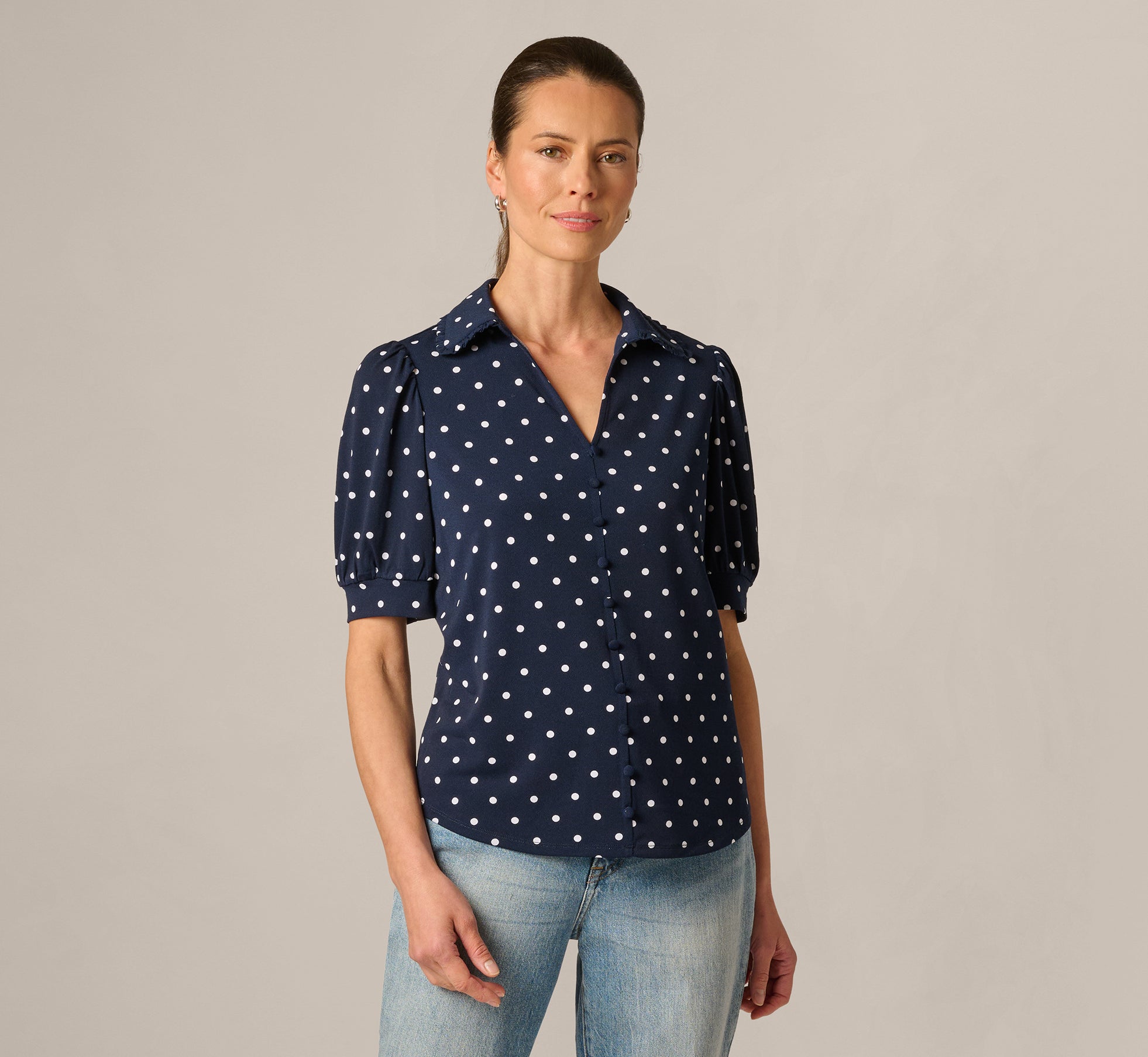 Puff Sleeve Ruffle Collared Top In Navy Ivory Timeless Dot