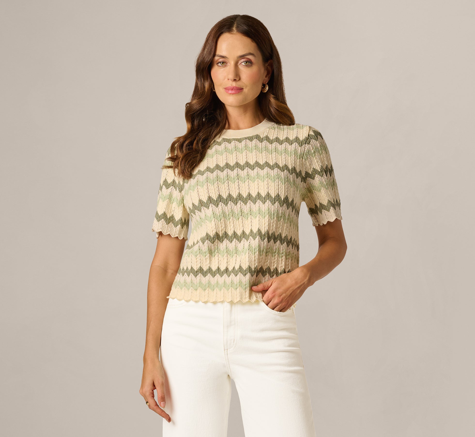 Short Sleeve Open Pointelle Scalloped Sweater In Dusty Sage Green Chevron