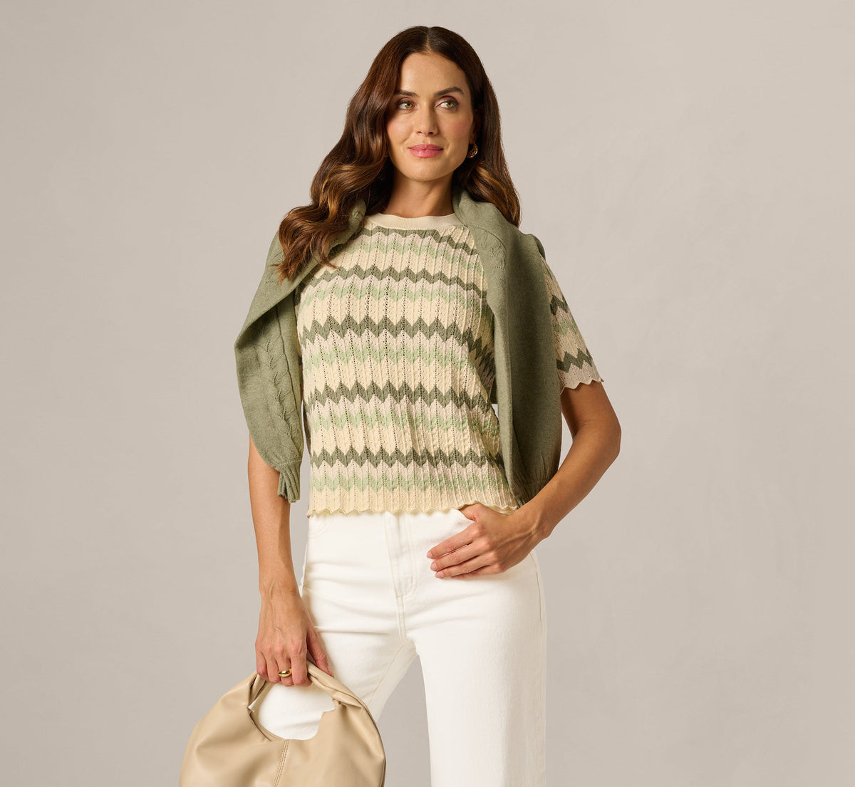 Short Sleeve Open Pointelle Scalloped Sweater In Dusty Sage Green Chevron