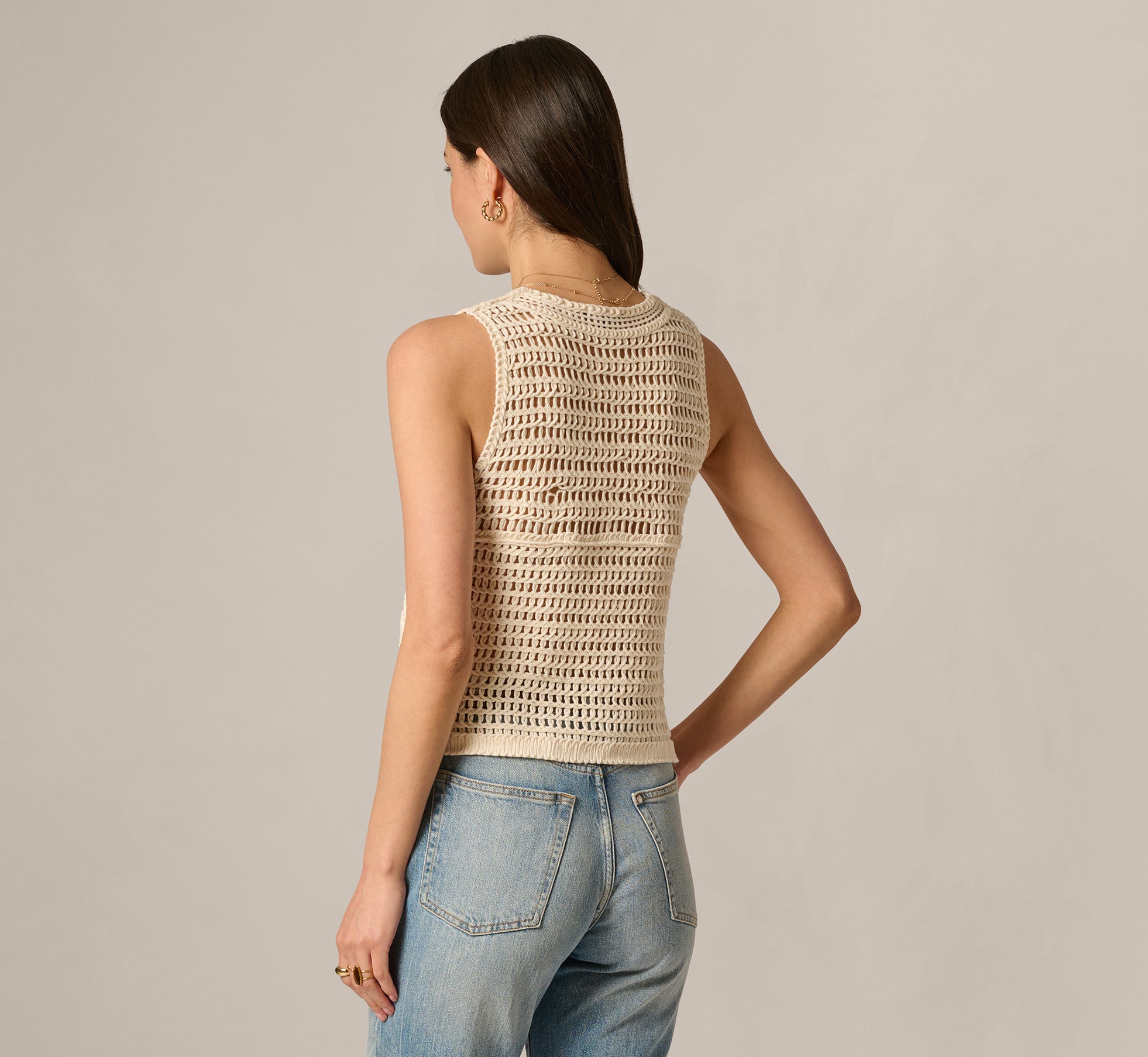 Open Knit Floral Crochet Vest In Oatmeal