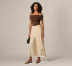 Floral Embroidery Wide Leg Pant In Pale Oak