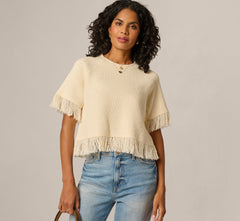 Short Sleeve Textured Knit Raglan Fringe Sweater In Cream