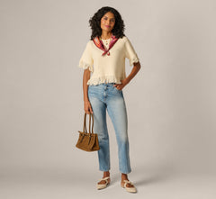 Short Sleeve Textured Knit Raglan Fringe Sweater In Cream