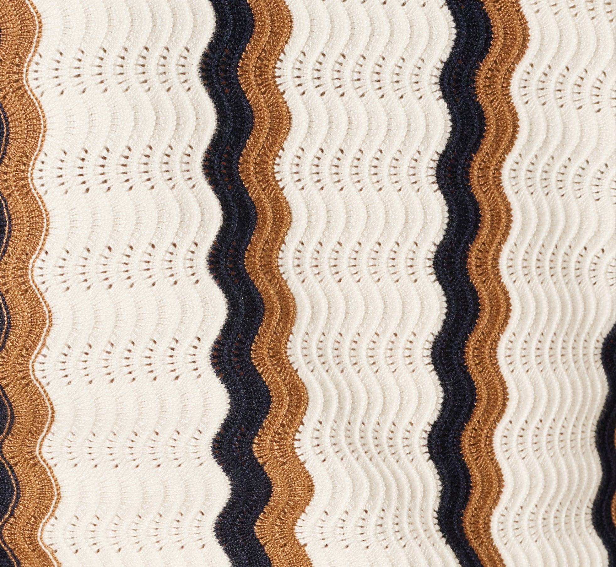 Open Knit Pointelle Scalloped Polo Sweater In Ivory Navy Camel