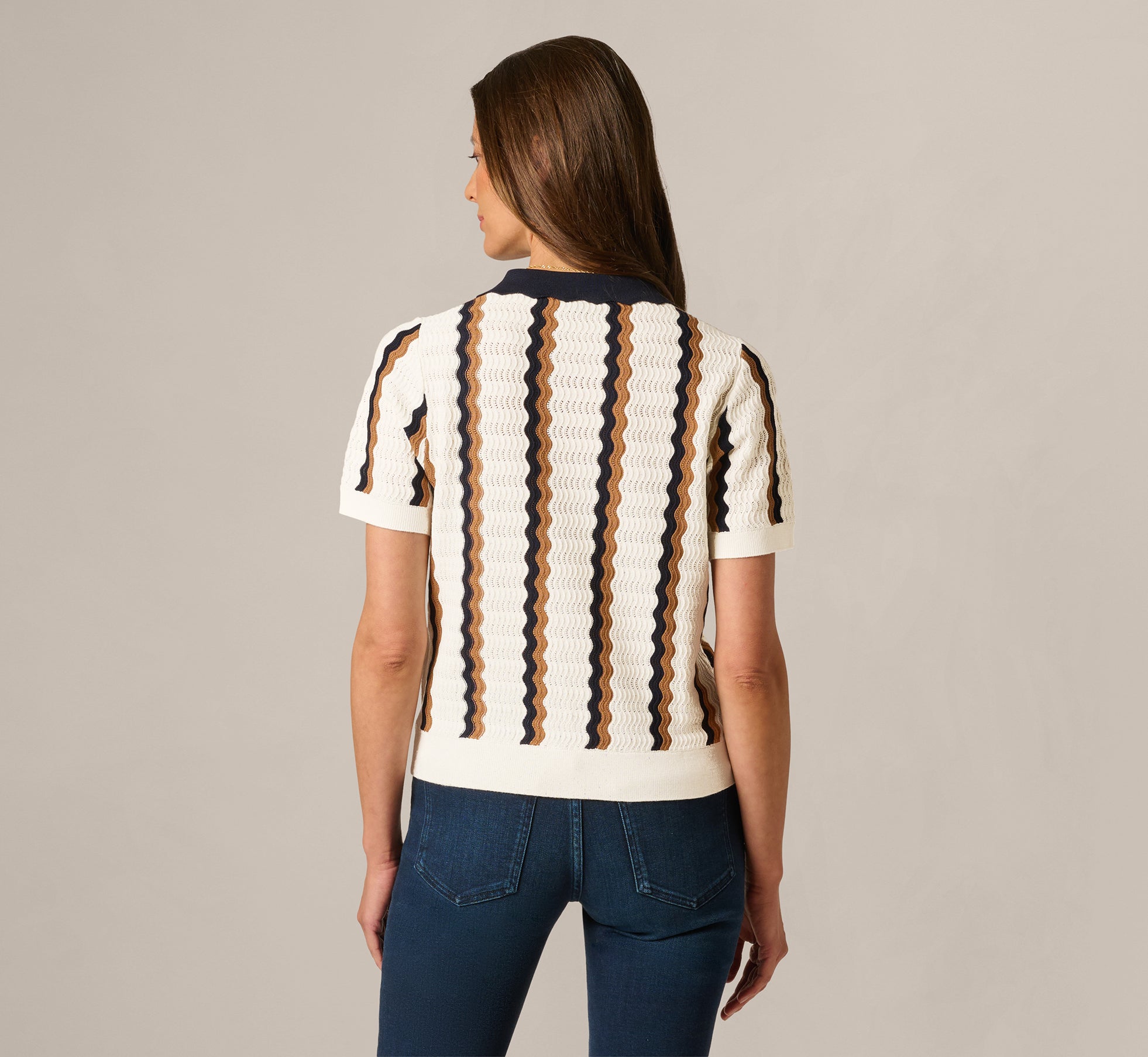 Open Knit Pointelle Scalloped Polo Sweater In Ivory Navy Camel