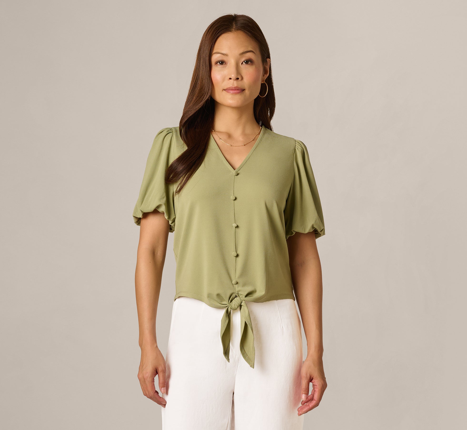 Short Sleeve Tie Waist Pullover Top In Oak Moss