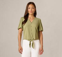 Short Sleeve Tie Waist Pullover Top In Oak Moss