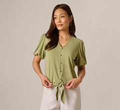 Short Sleeve Tie Waist Pullover Top In Oak Moss