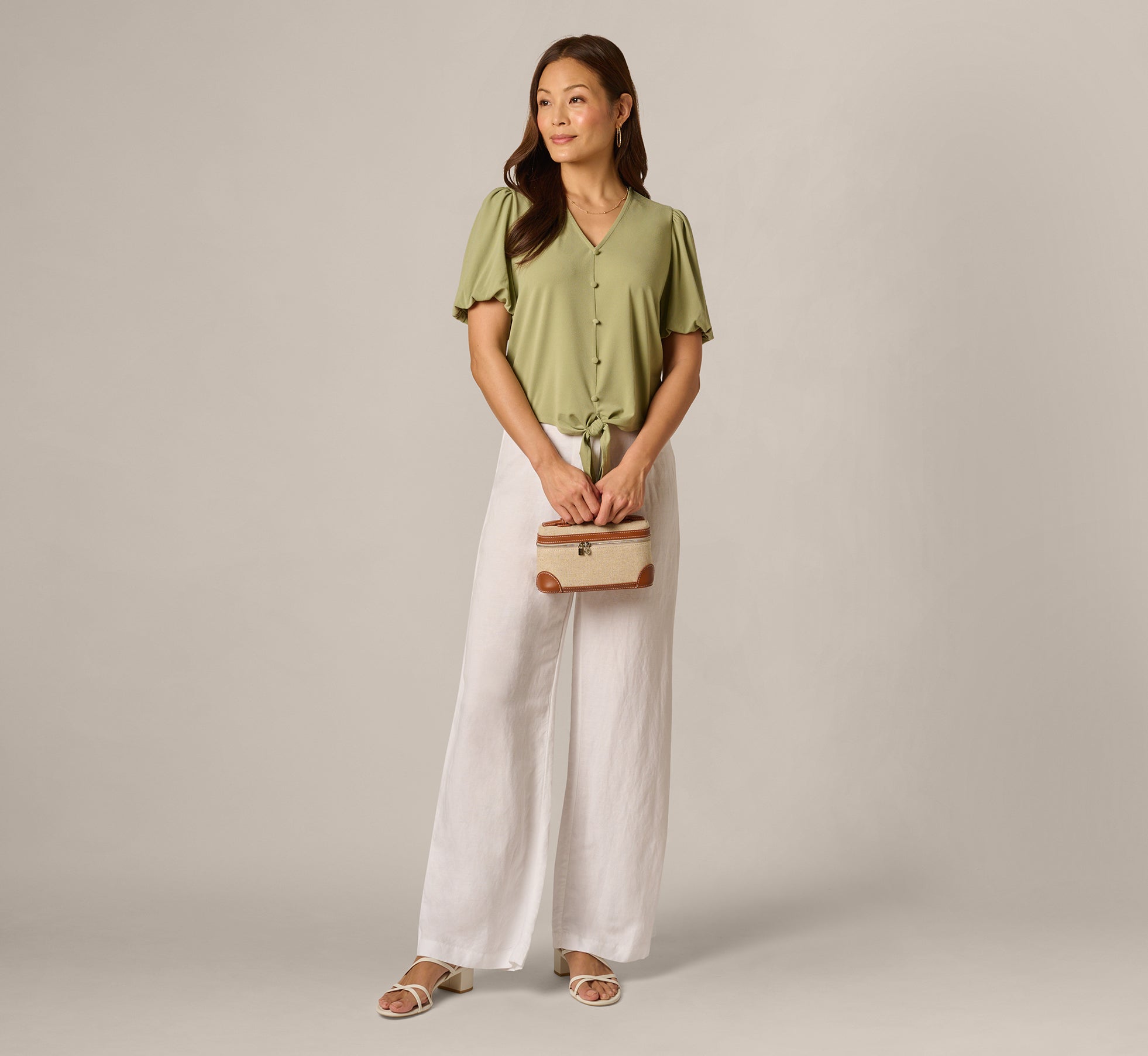 Short Sleeve Tie Waist Pullover Top In Oak Moss