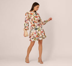 Floral Print Dress With Long Bishop Sleeves In Ecru Multi
