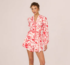 Long Sleeve Tie Front Floral Romper In White Coral Multi