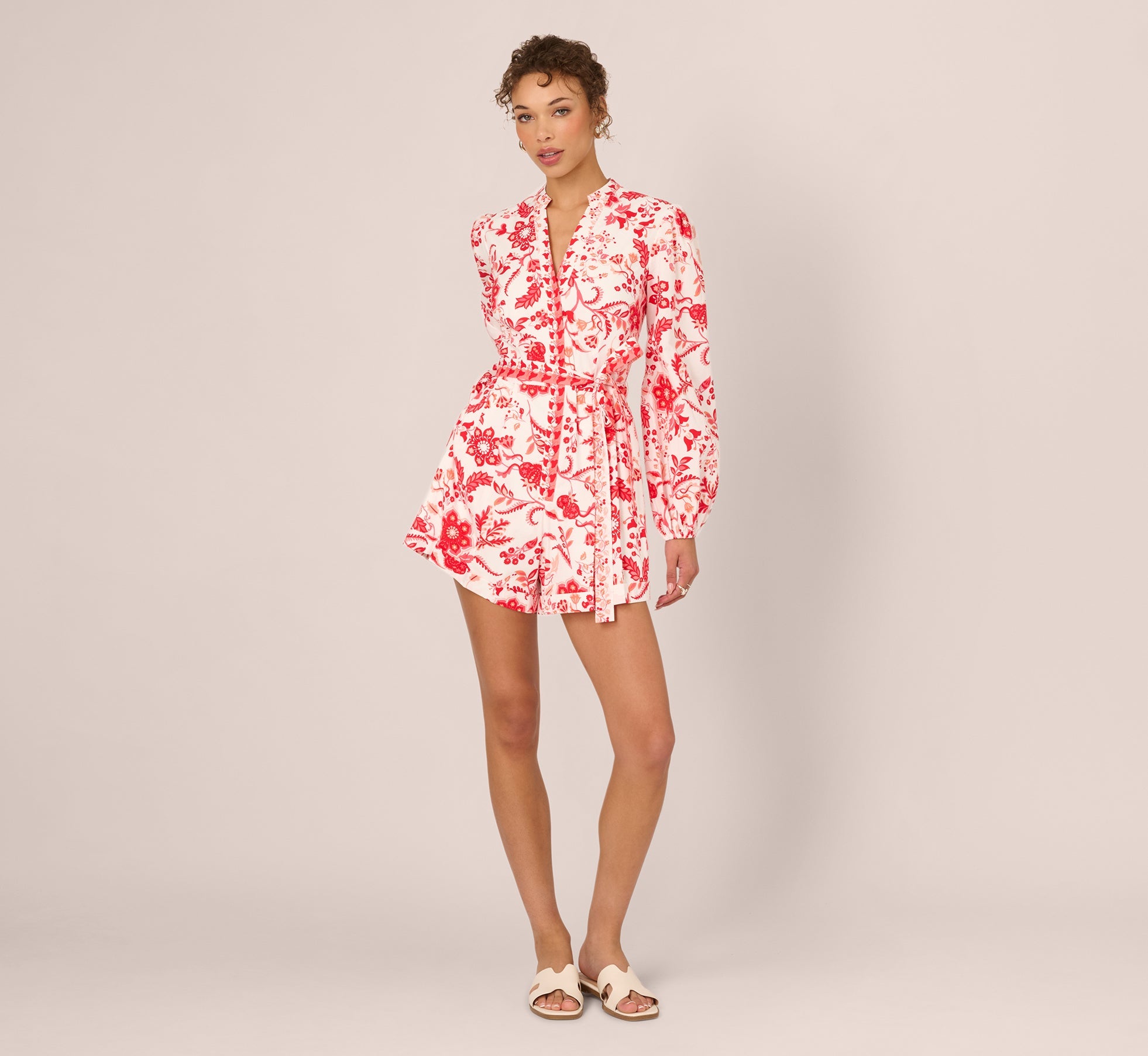 Long Sleeve Tie Front Floral Romper In White Coral Multi