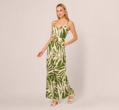 Sleeveless Palm Leaf Wide Leg Jumpsuit In Green Ivory