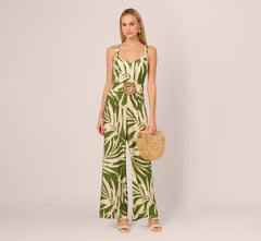 Sleeveless Palm Leaf Wide Leg Jumpsuit In Green Ivory