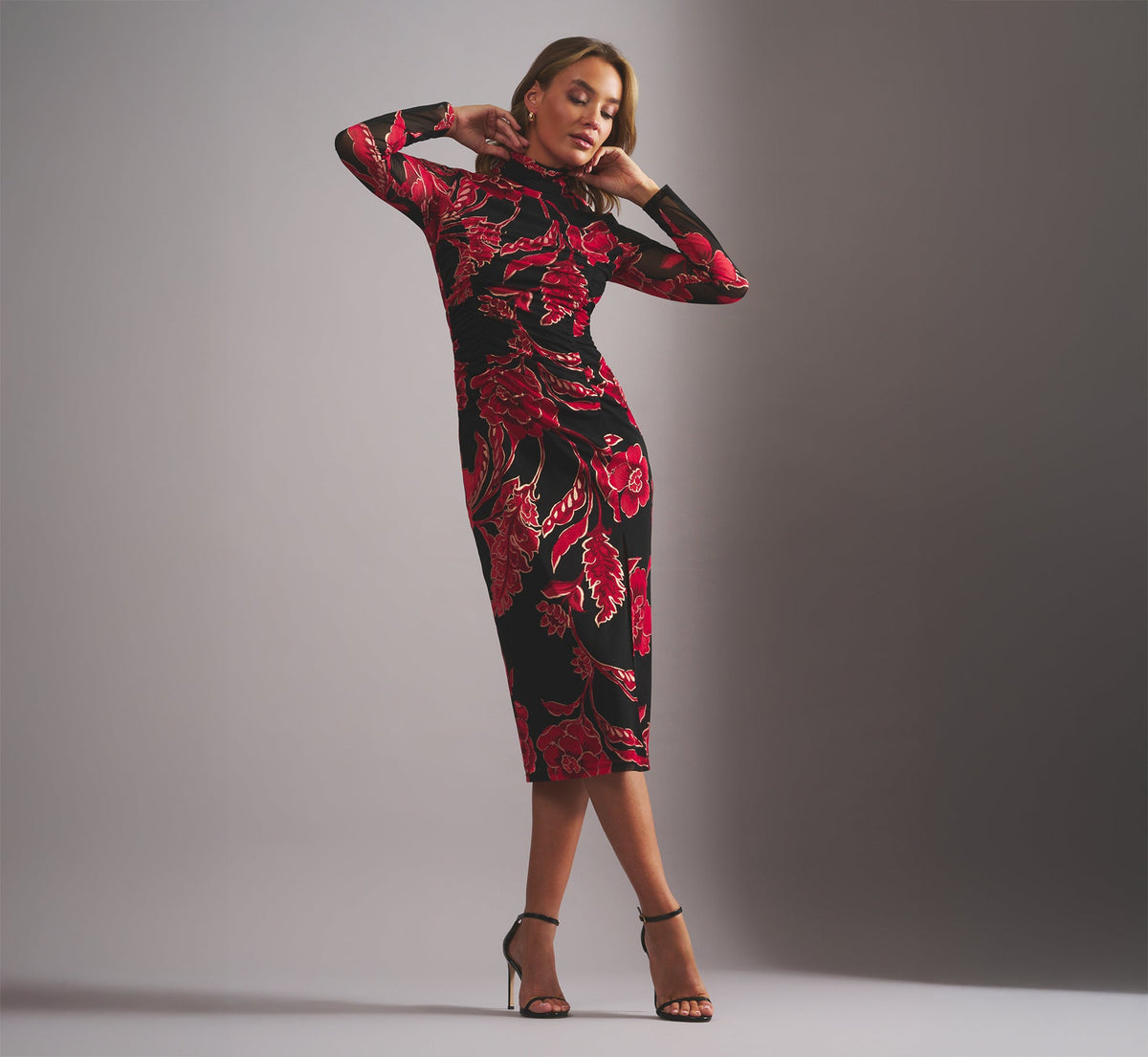 Long Sleeve Floral Mesh Bodycon Midi Dress In Black Multi