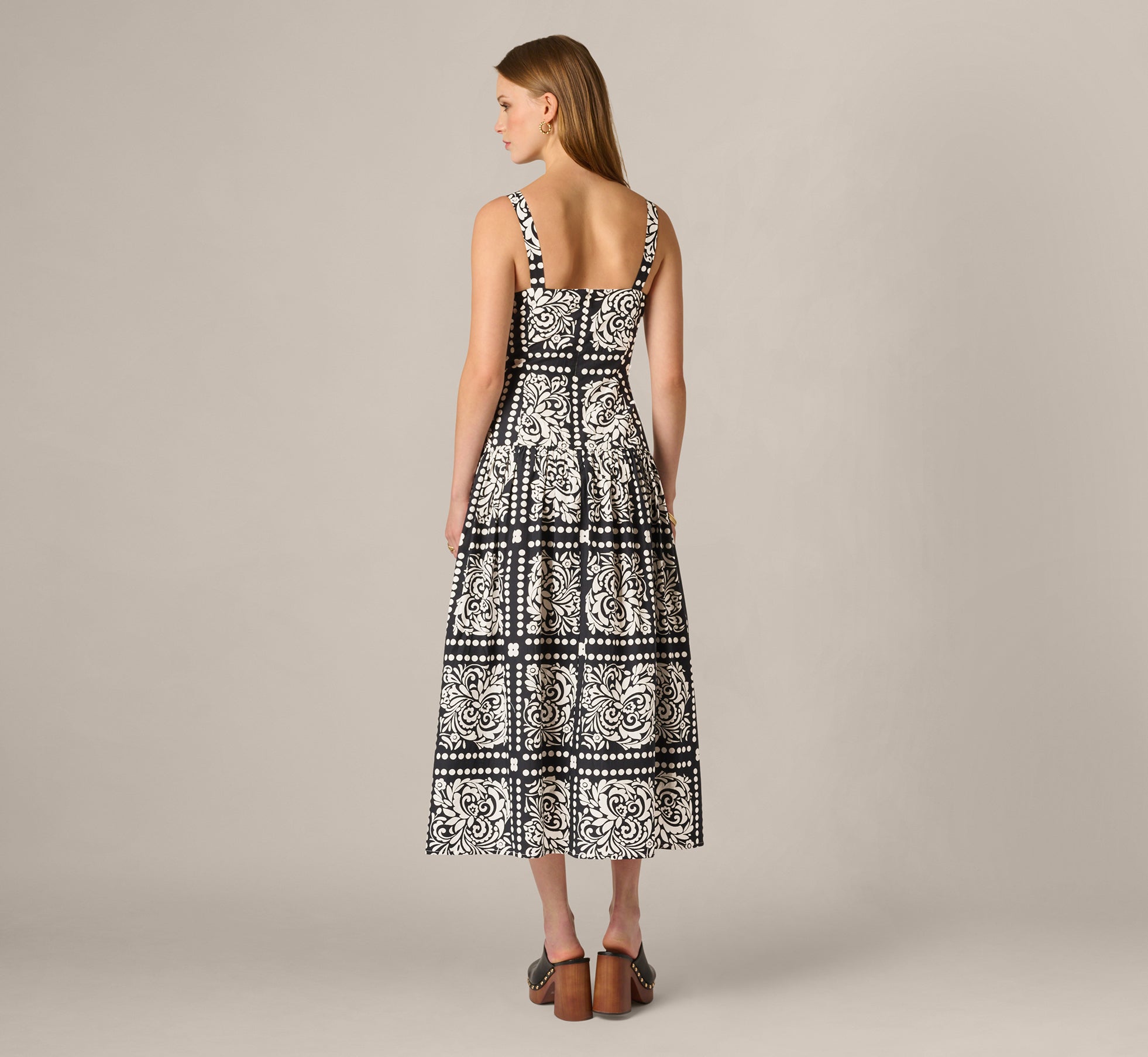 Drop Waist Cotton Tile Print Midi Sundress In Black Ivory