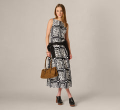 Drop Waist Cotton Tile Print Midi Sundress In Black Ivory