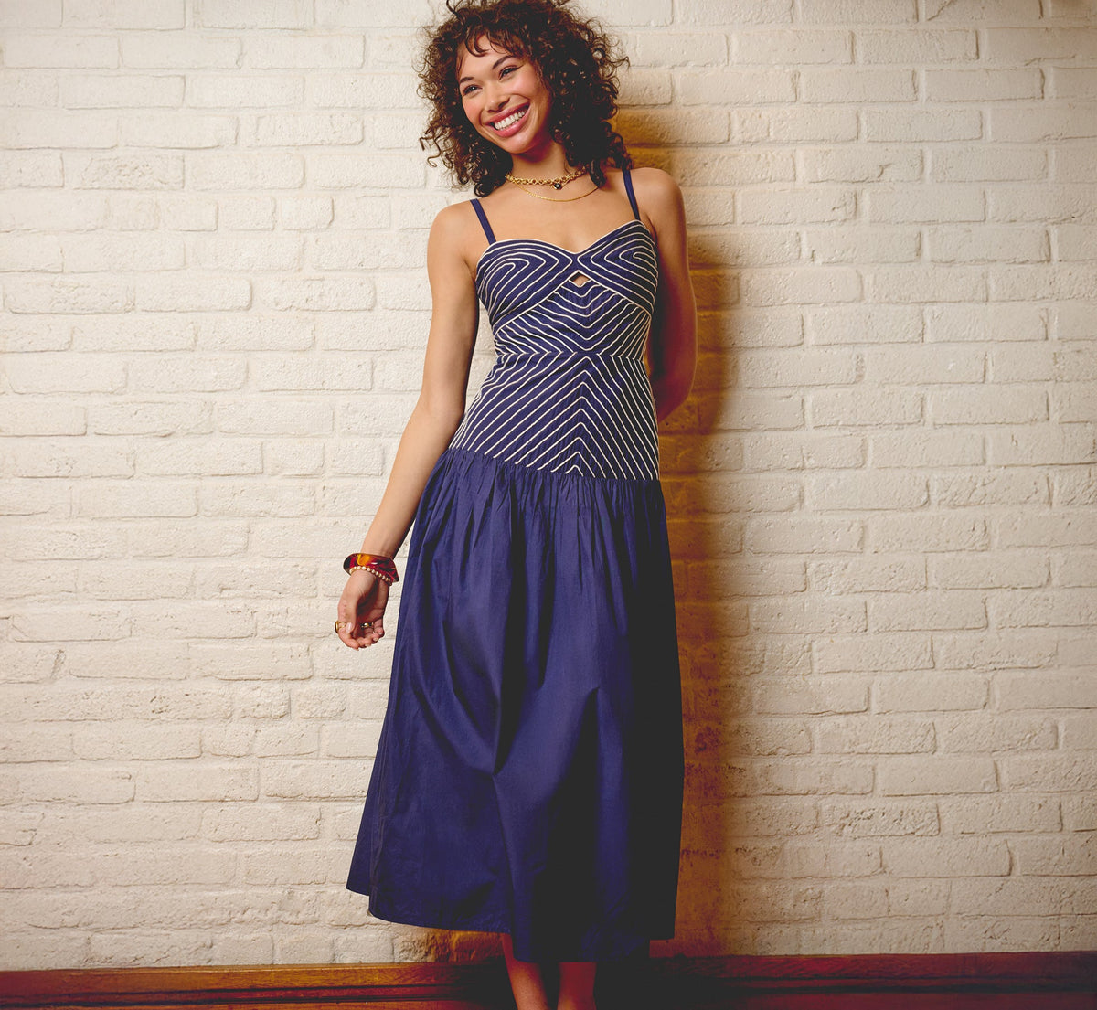 Drop Waist Chevron Cotton Midi Sundress In Navy Ivory