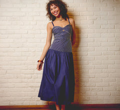 Drop Waist Chevron Cotton Midi Sundress In Navy Ivory
