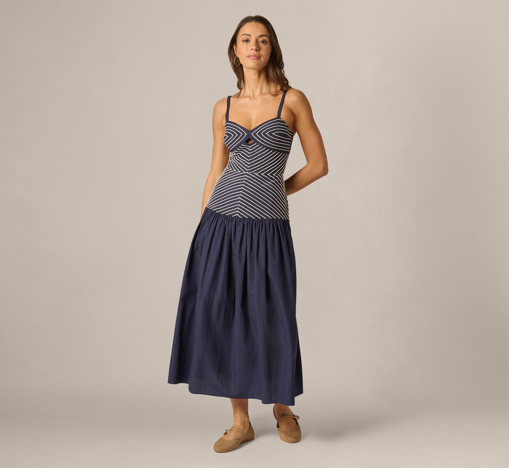 Drop Waist Chevron Cotton Midi Sundress In Navy Ivory