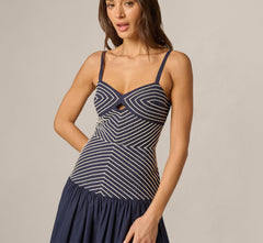 Drop Waist Chevron Cotton Midi Sundress In Navy Ivory