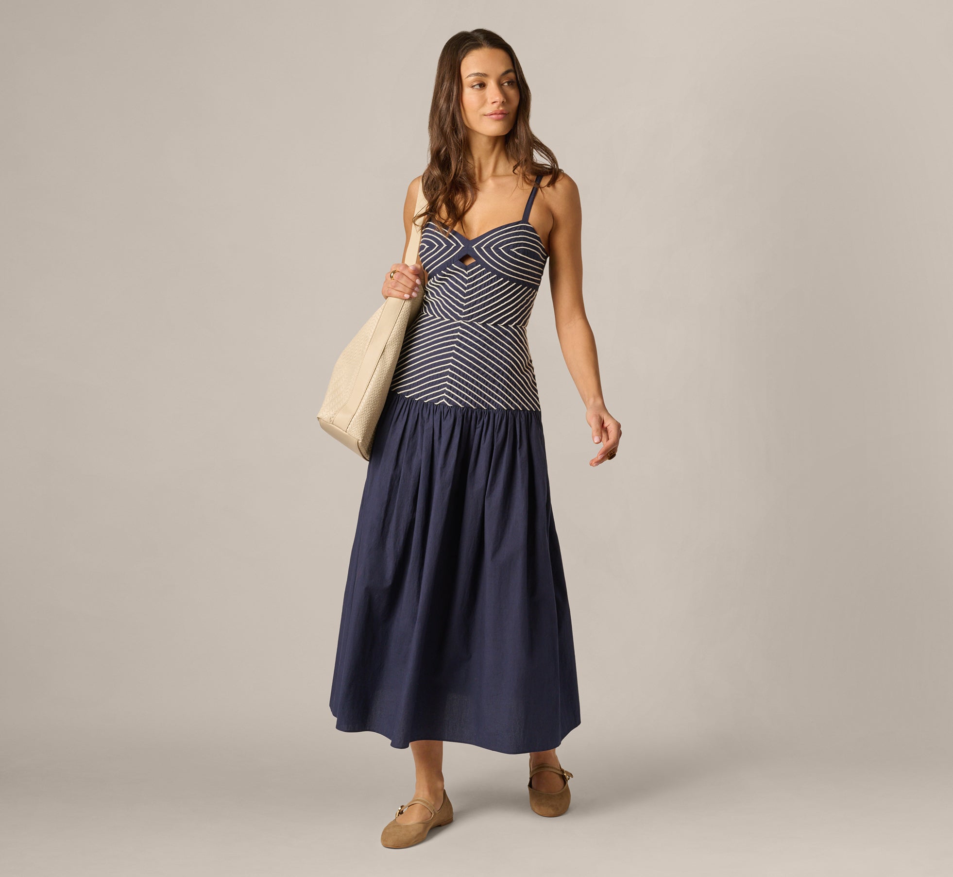 Drop Waist Chevron Cotton Midi Sundress In Navy Ivory