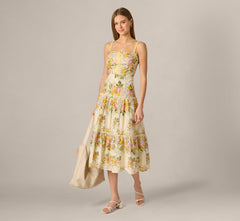 Cotton Vintage Floral Midi Sundress In Pale Yellow