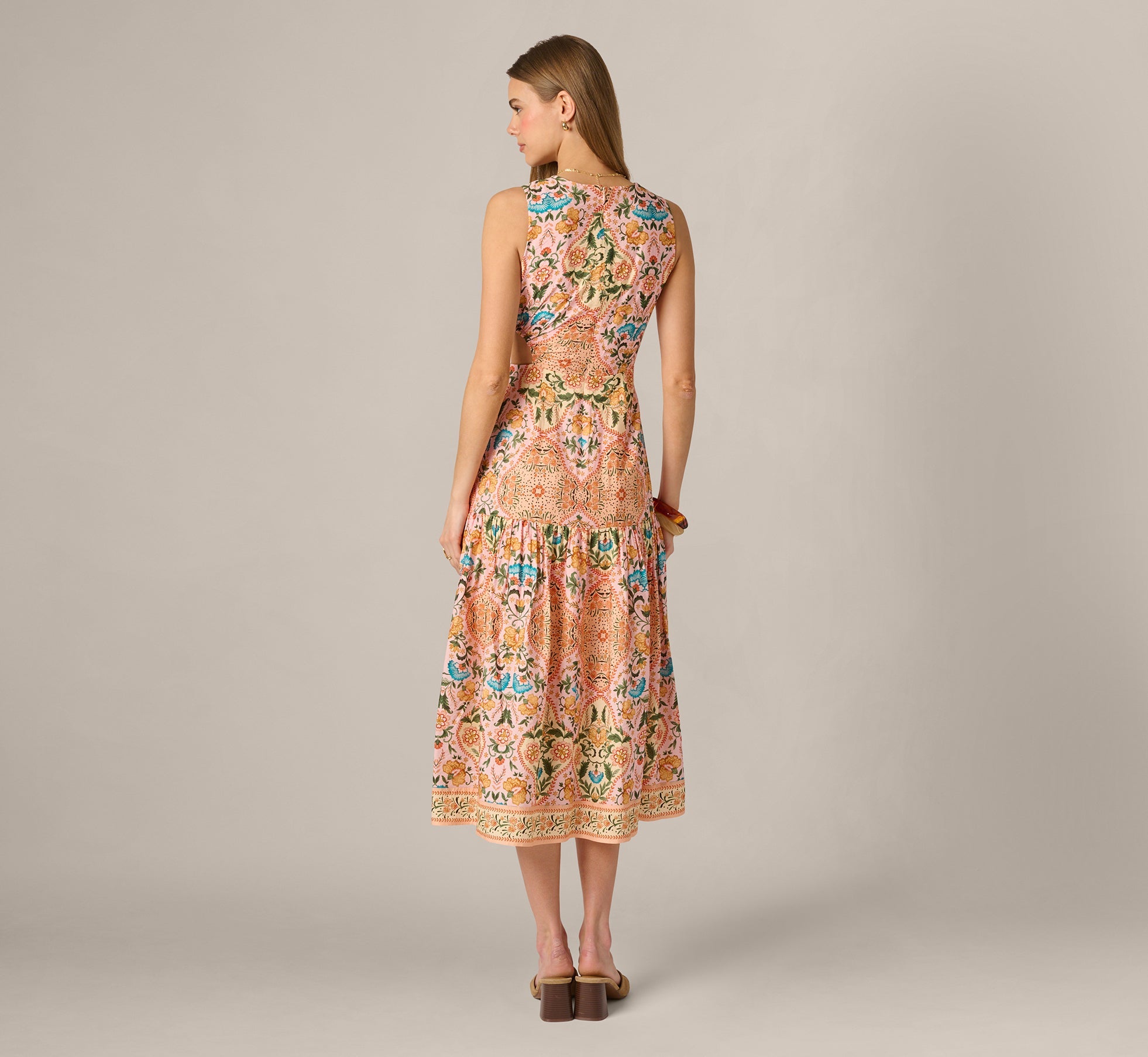 Floral Printed Cutout Drop Waist Midi Dress In Peach Multi