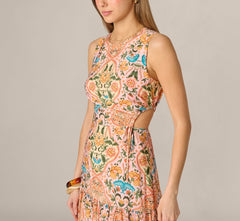 Floral Printed Cutout Drop Waist Midi Dress In Peach Multi