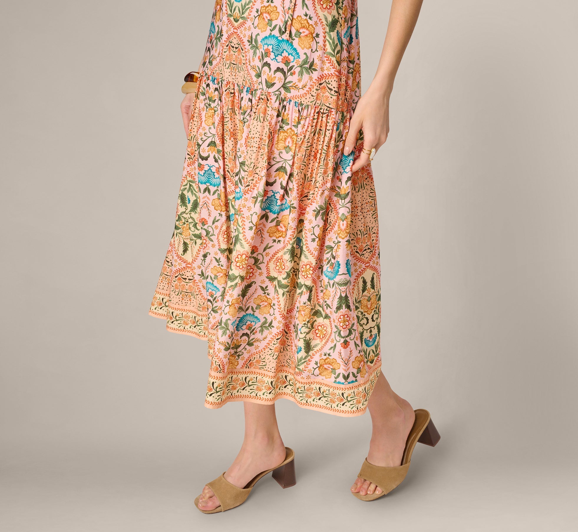 Floral Printed Cutout Drop Waist Midi Dress In Peach Multi