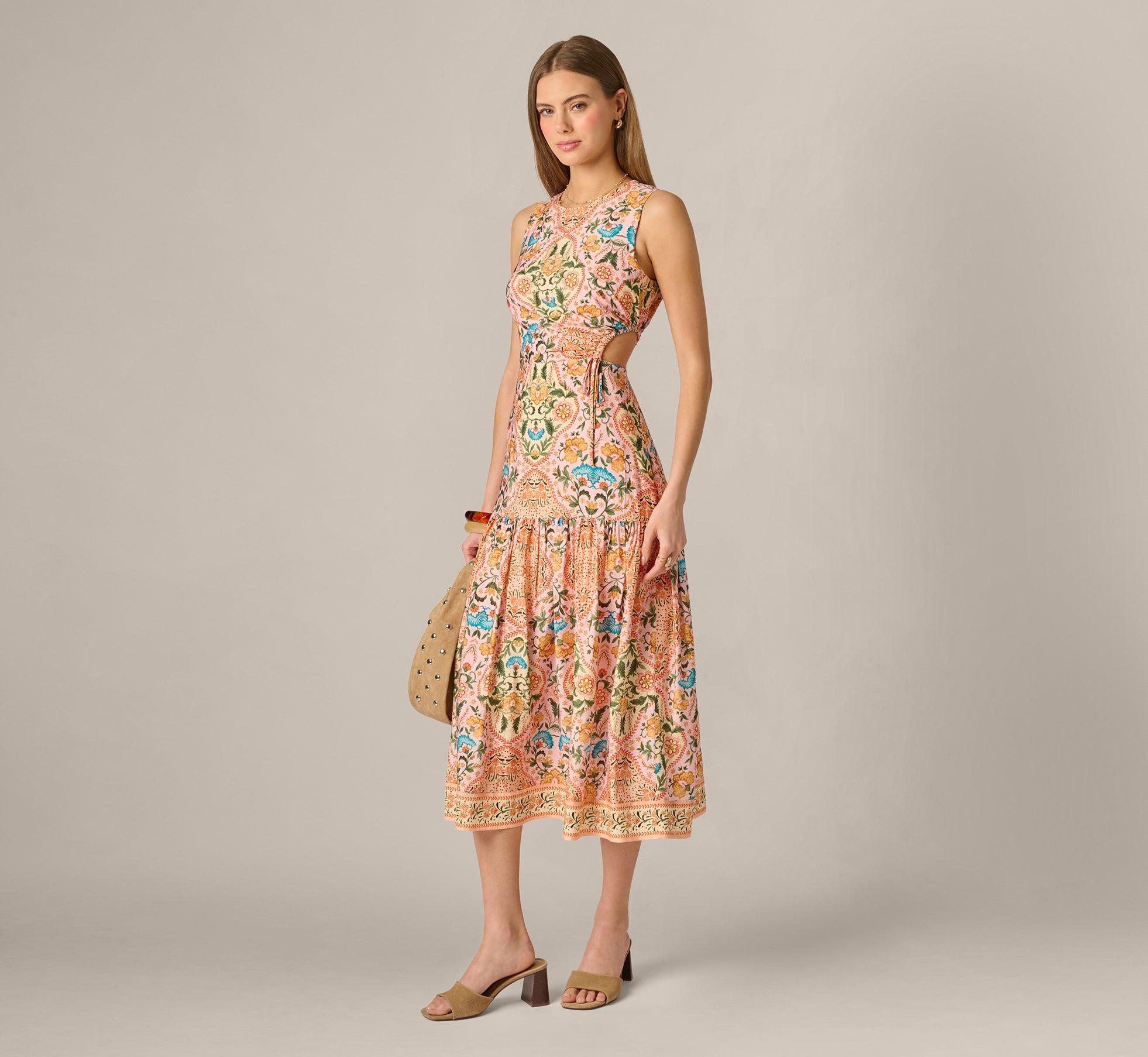 Floral Printed Cutout Drop Waist Midi Dress In Peach Multi