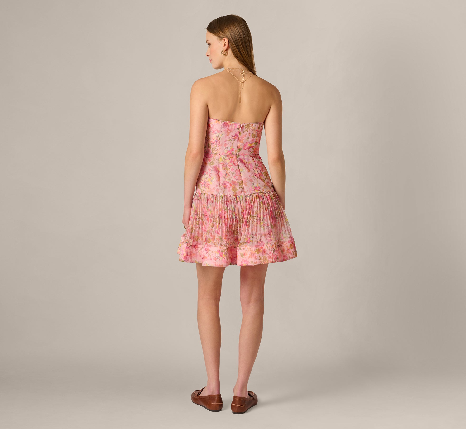 Strapless Floral Organza Pleated Short Dress In Pink Multi