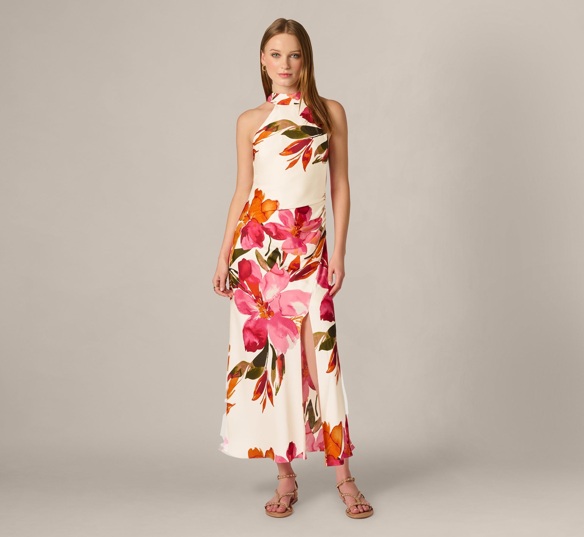 Floral Printed Satin Midi Halter Dress In Champagne Multi