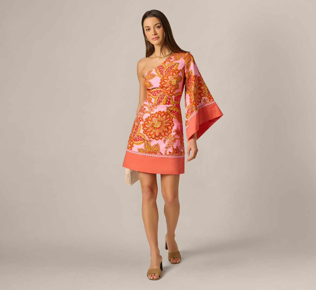 One Shoulder Bell Sleeve Paisley Short Dress In Pink Multi