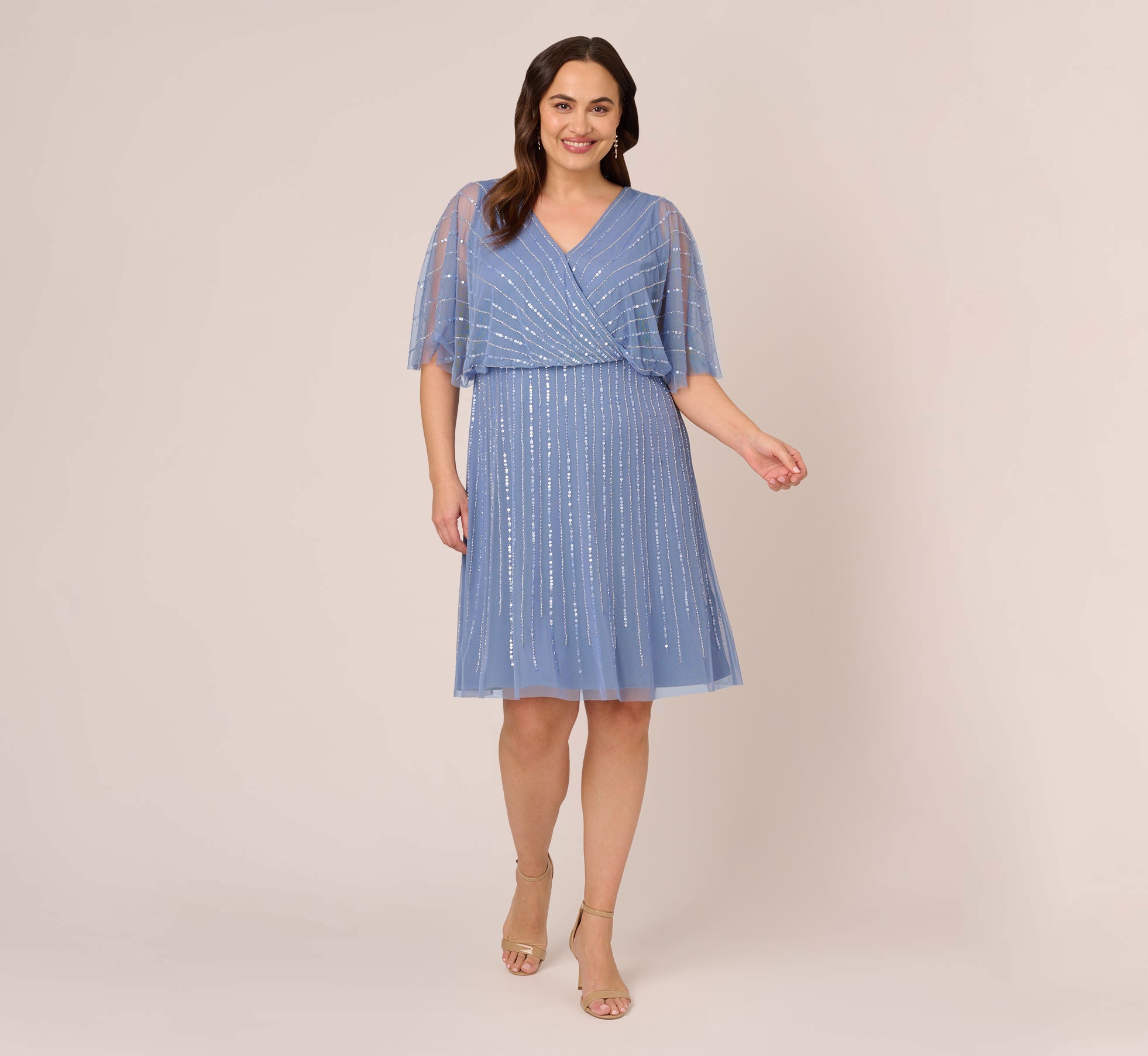 Plus Size Hand Beaded Illusion Faux Wrap Short Cocktail Dress In French Blue