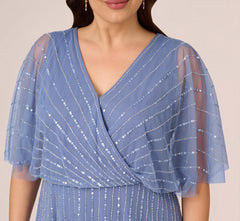 Plus Size Hand Beaded Illusion Faux Wrap Short Cocktail Dress In French Blue